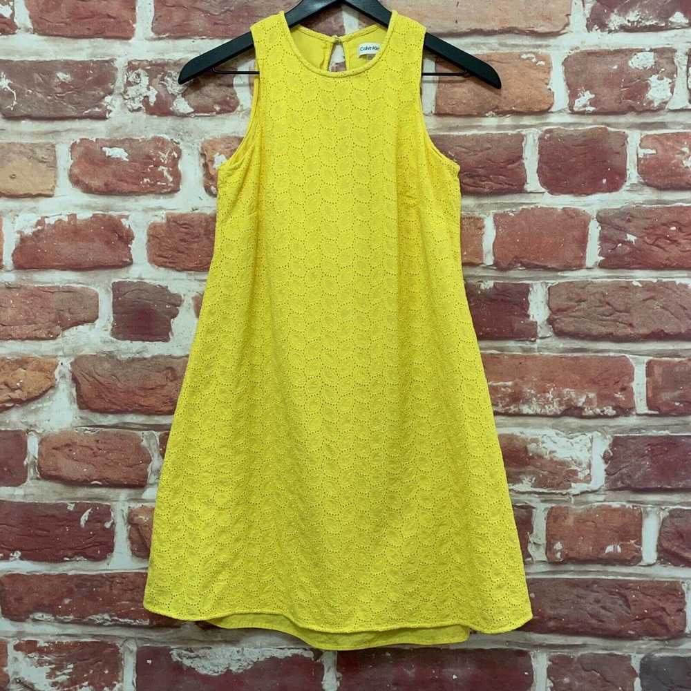 Calvin Klein Dress Size 2 Women's Yellow Embroidered Eyelet Sleeveless Zip Up